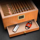 Humidor en Bois Naturel à 2 Zones avec Tiroir à Outils Cigarloong